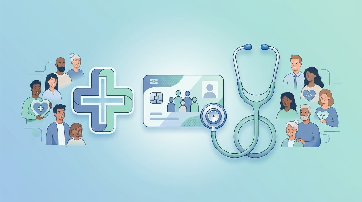 Illustration of US healthcare with a medical cross, insurance card and stethoscope